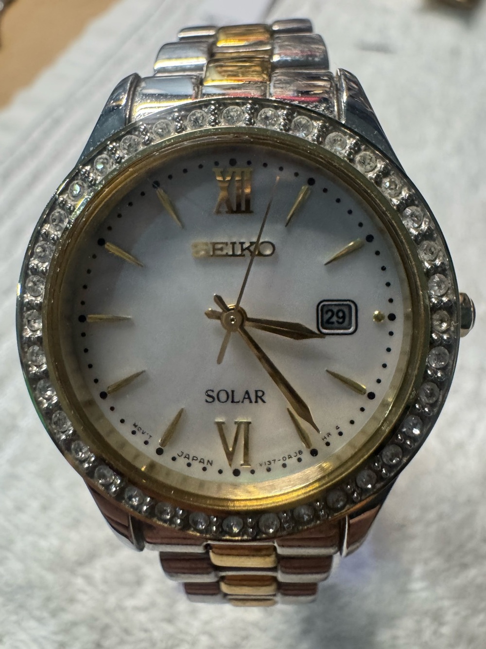 Seiko Two-Tone Solar Watch with Crystal Bezel - Gold & Silver